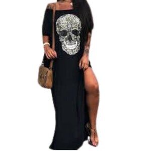 Chic Me Women's Black Cream Skull Off Shoulder Side Slit Maxi Dress Plus Sz XL